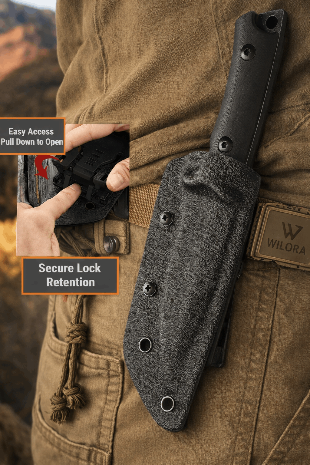 Wilora full tang hunting knife carried in Kydex sheath with secure retention