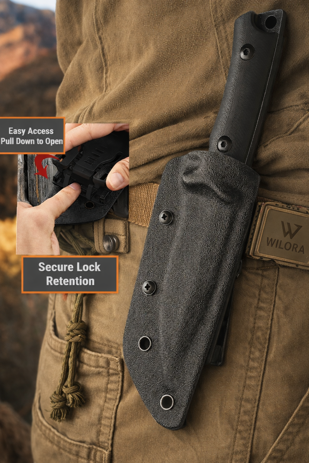 Wilora full tang hunting knife carried in Kydex sheath with secure retention