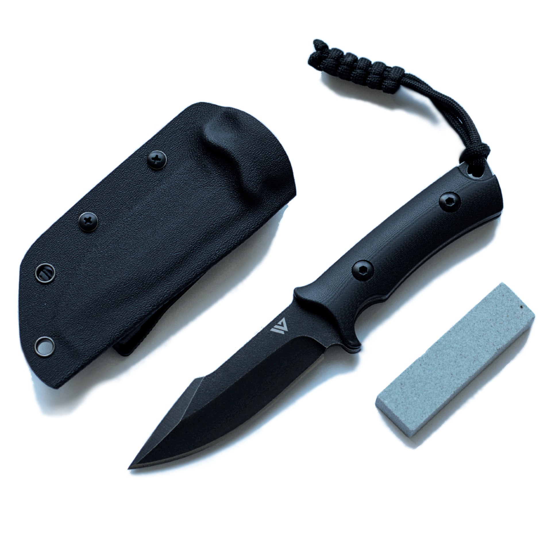Wilora full tang hunting knife with a premium 4CR13 steel blade, ergonomic handle, and a custom-fit Kydex sheath, accompanied by a sharpening stone.