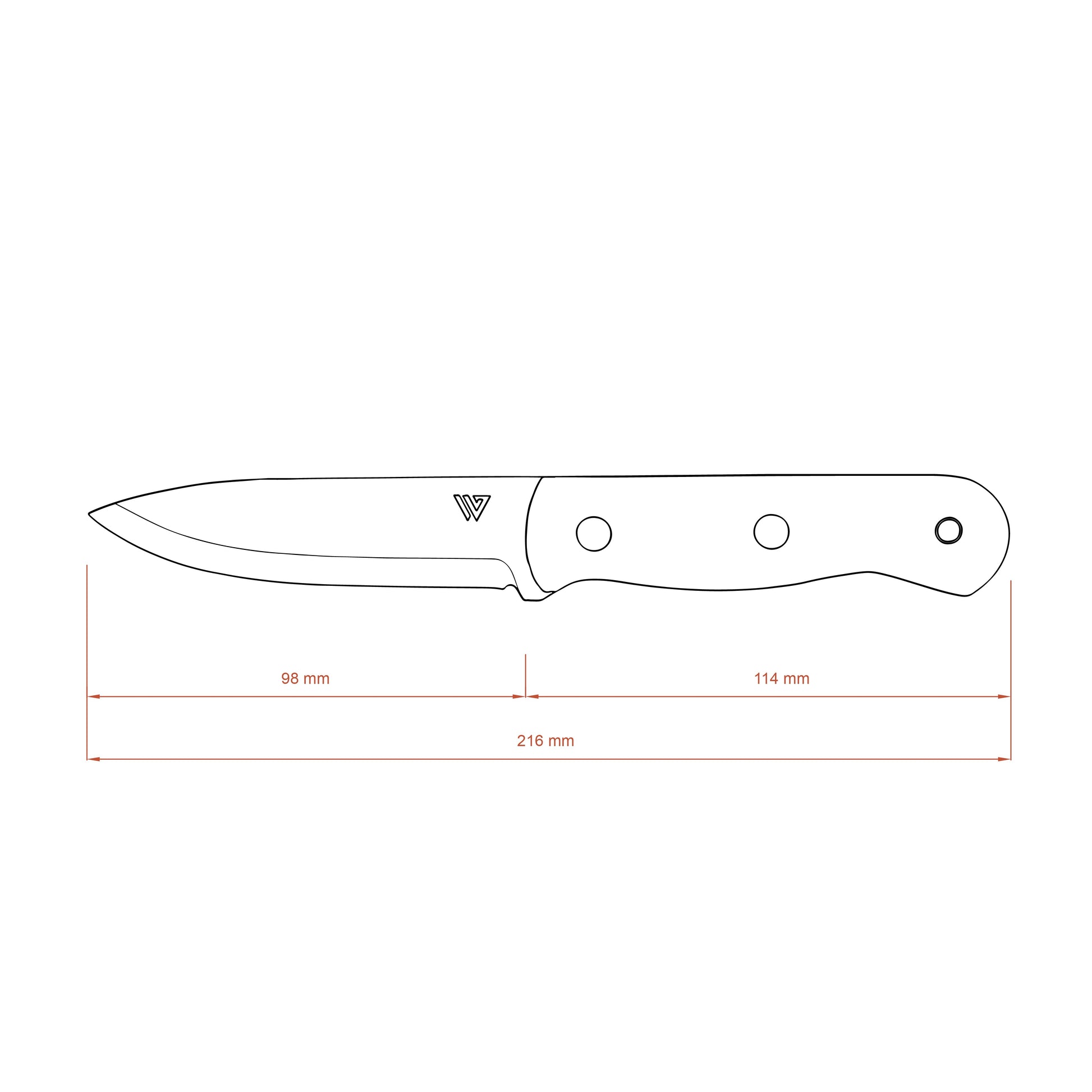 Wilora Heaford field knife with a wood handle and a leather sheath with measurements