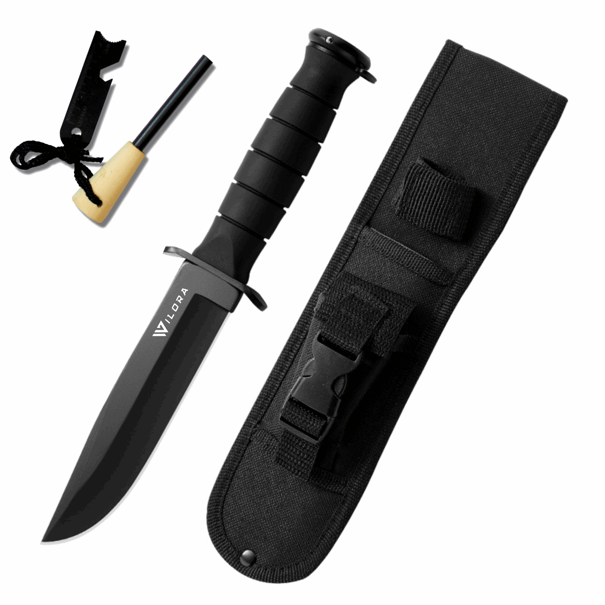 Wilora outdoor hunting knife with fire starter kit and carry sheath