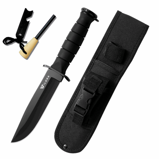 Wilora outdoor hunting knife with fire starter kit and carry sheath