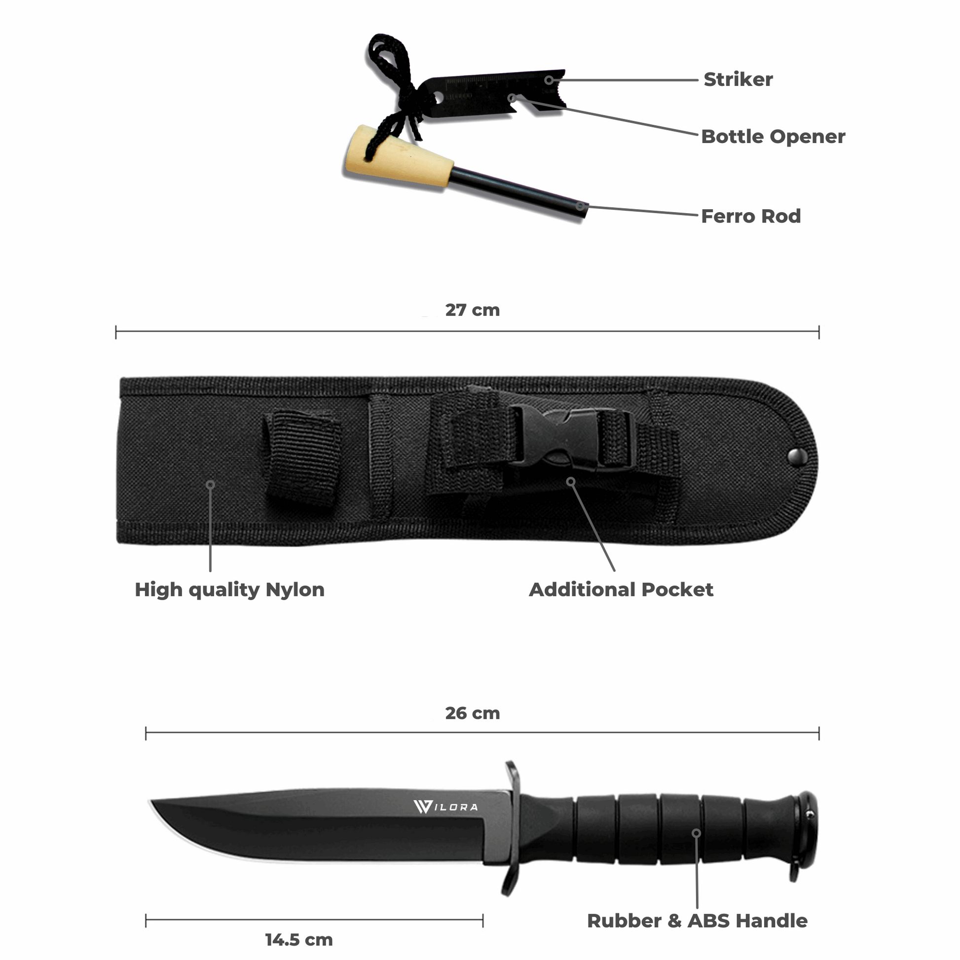 Wilora outdoor hunting knife and fire starter kit showing knife, sheath, accessories and dimensions