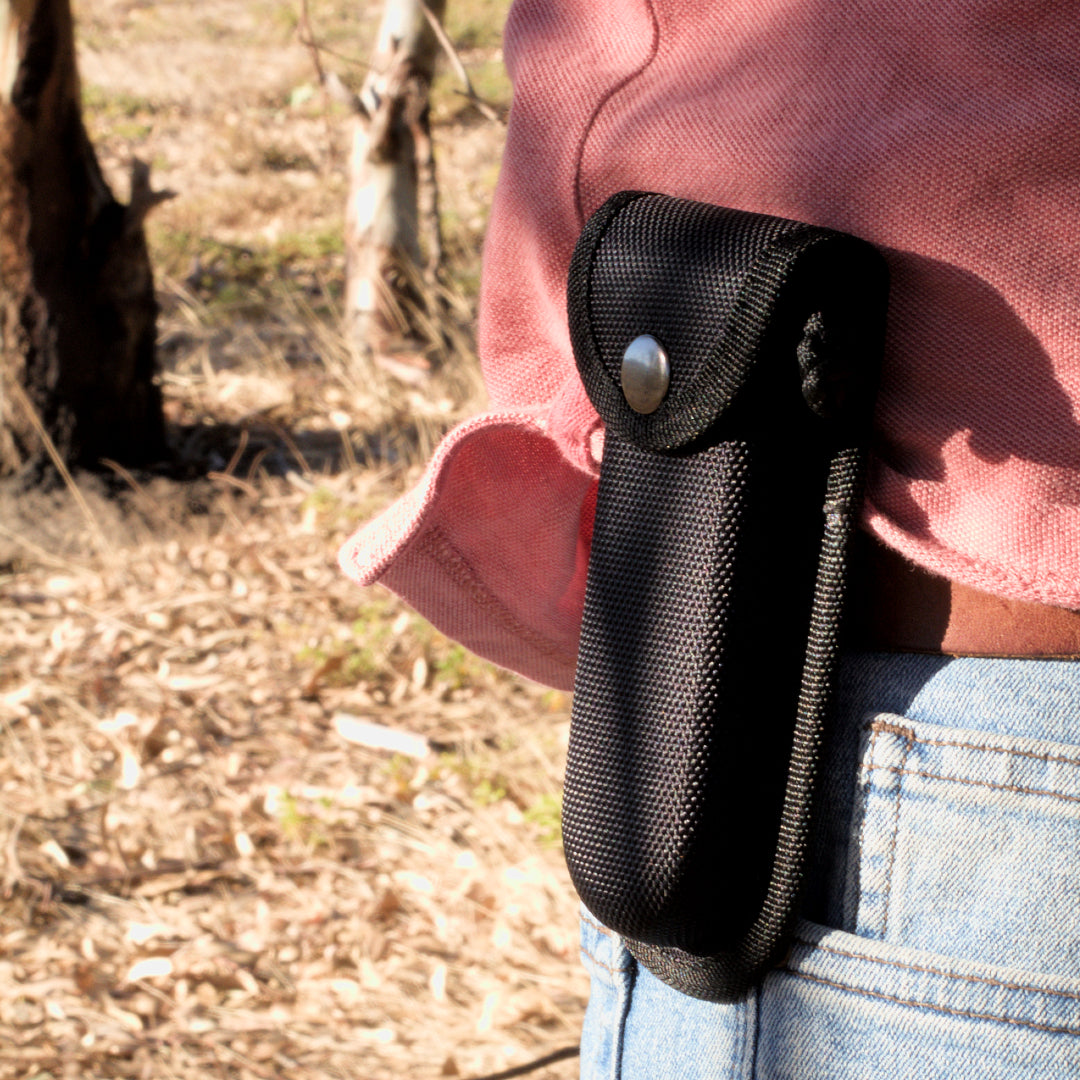 Wilora The Tarn D2 folding knife, wearing a black knife sheath