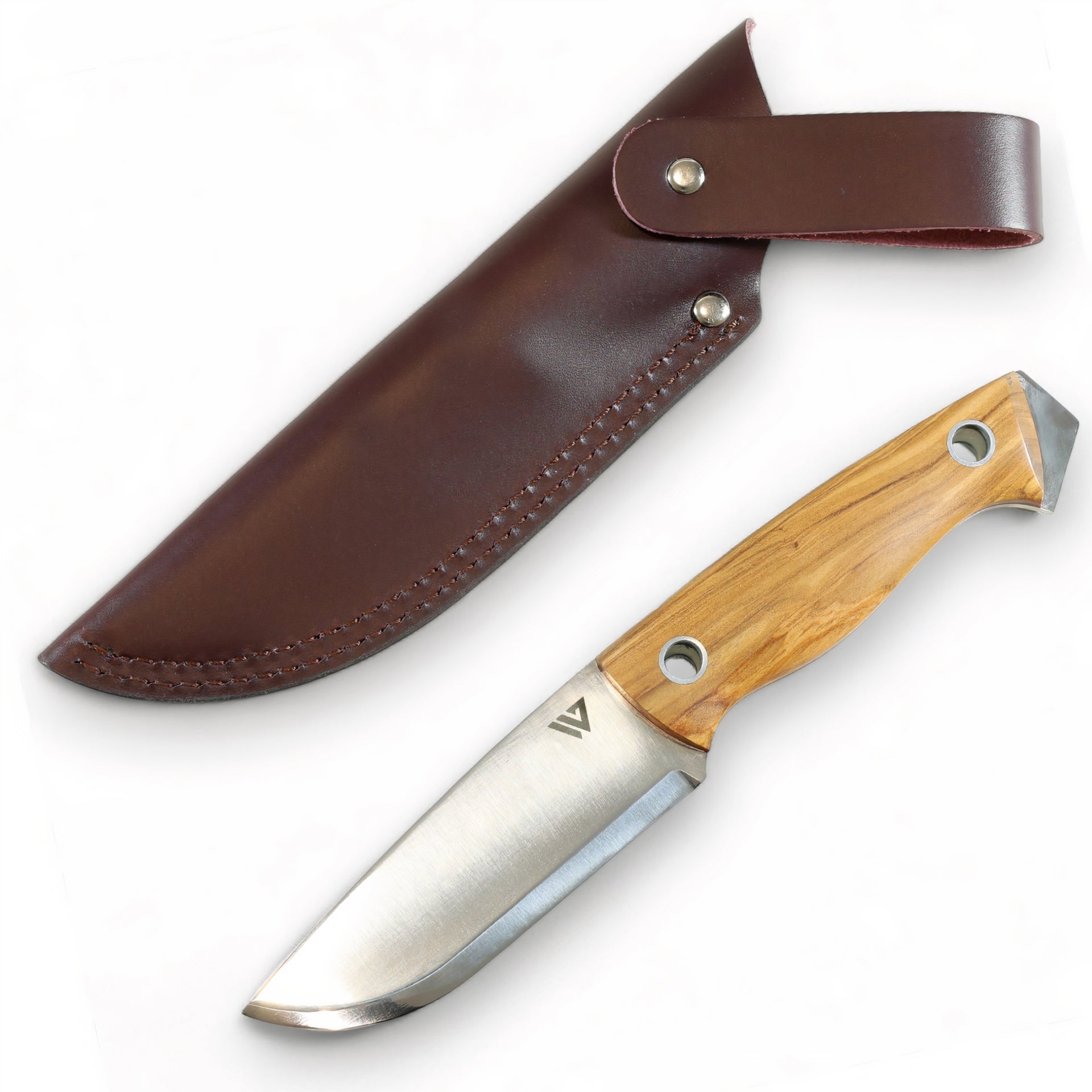 A Wilora Brumby Sandvik Steel Fixed Blade Knife with a full-tang construction, featuring a silver blade, ergonomic hardwood handle, and a brown leather sheath.