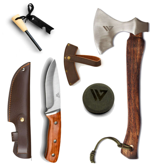 The Collection of Wilora knives and axes with wooden handles.